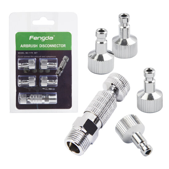 FENGDA AIRBRUSH QUICK RELEASE DISCONNECTOR KIT BD-117K WITH 5 PIECES 1/8  BSP FEMALE ADAPTORS